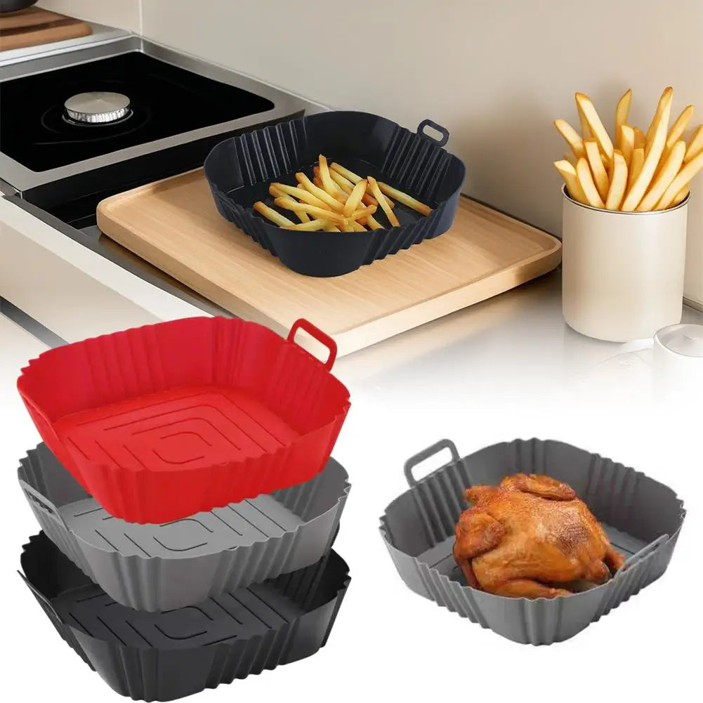 Reusable Silicone Air Fryer Liner Square 22cm Non-Stick Air Fryer Basket With Handles Silicone Oven Baking Tray Accessories