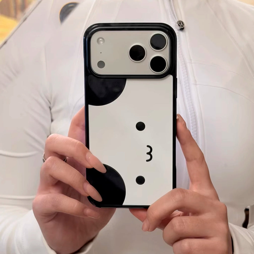Korean Ins Cute Panda Face Phone Case for IPhone 11 12 13 14 15 16 17 Pro Max X XR 16 Plus Luxury Black Border Cover Case Bumper